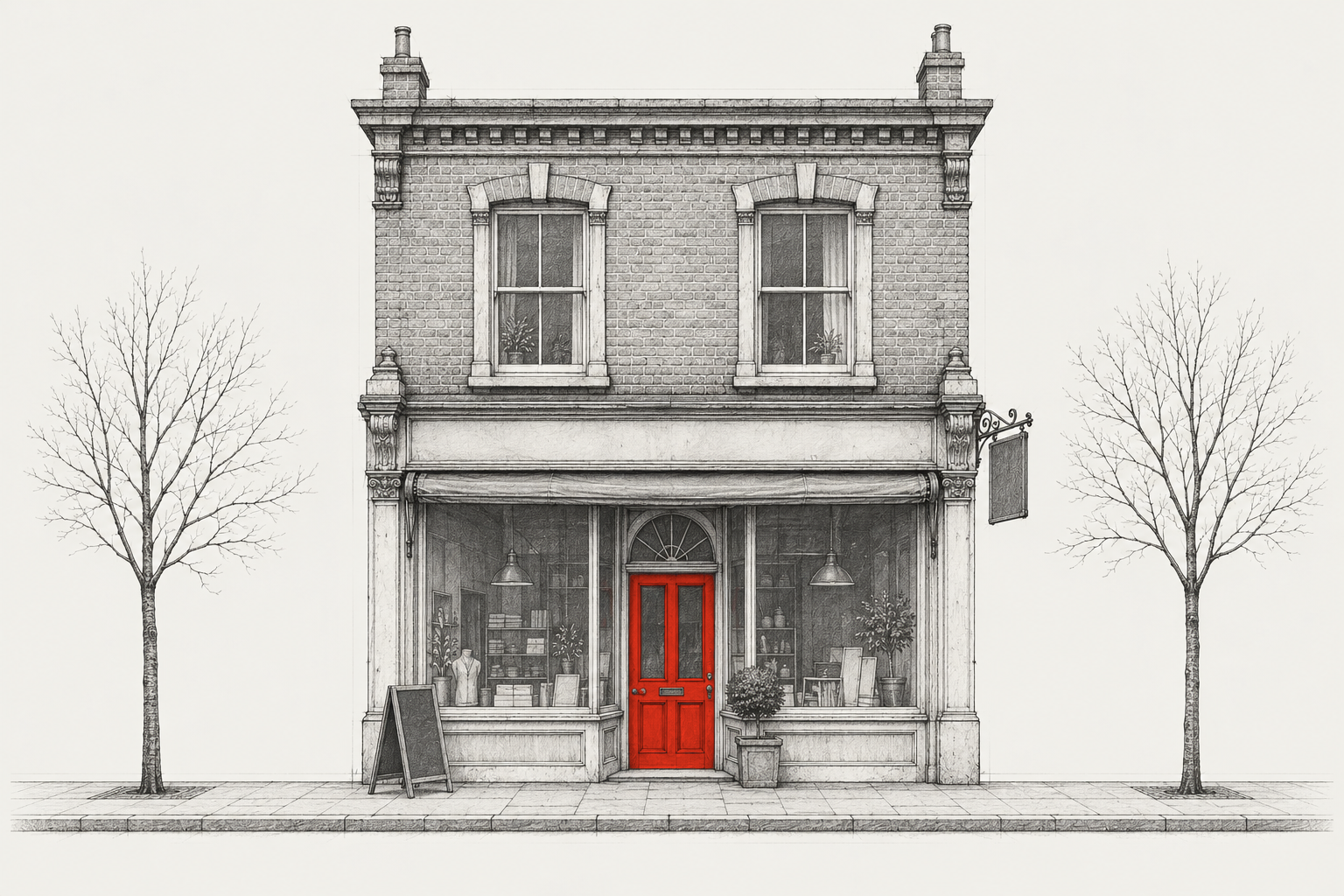 Pencil elevation of a Victorian shopfront, annotated like an architect's drawing