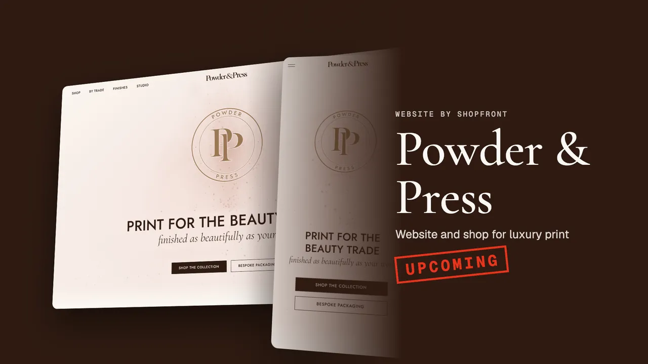 The Powder & Press website, shown on desktop and phone